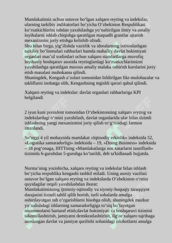 SIYOSIY HUQUQIY SOHADAGI (10TA) USTUVOR XALQARO REYTINGLAR VA ULARGA O’ZBEKISTONNING INTEGRATSIYALASHUVI 4