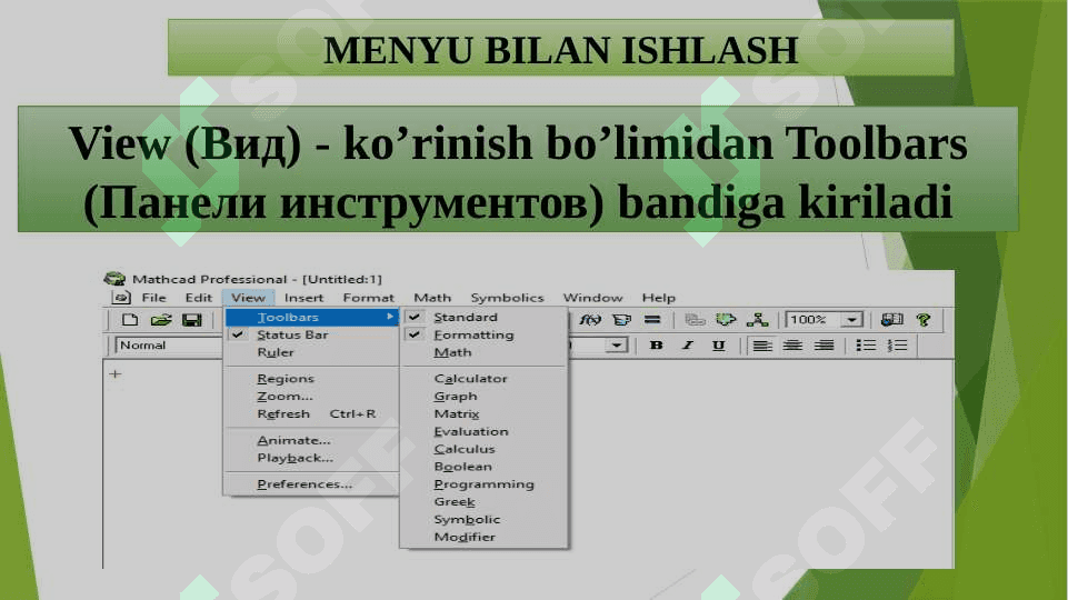 MathCad tizimida ishlash texnologiyalari. Elektr energetikasiga oid masalalarni taxlil usullarini tizimlarda amalga oshirish 7