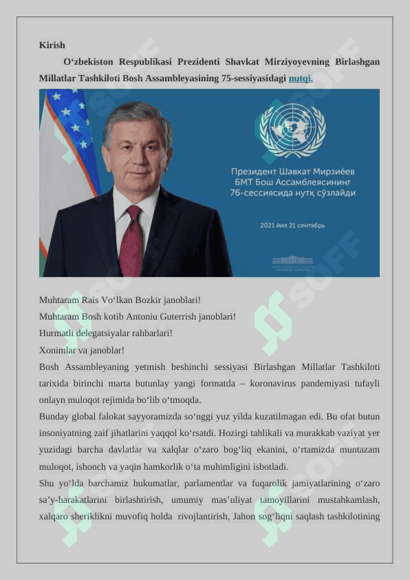 O‘zbekiston Respublikasi Prezidenti SH.M.Mirziyoyevning Birlashgan Millatlar Tashkiloti Bosh Assambleyasining 75-sessiyasidagi ishtiroki va uning ahamiyati  24 2