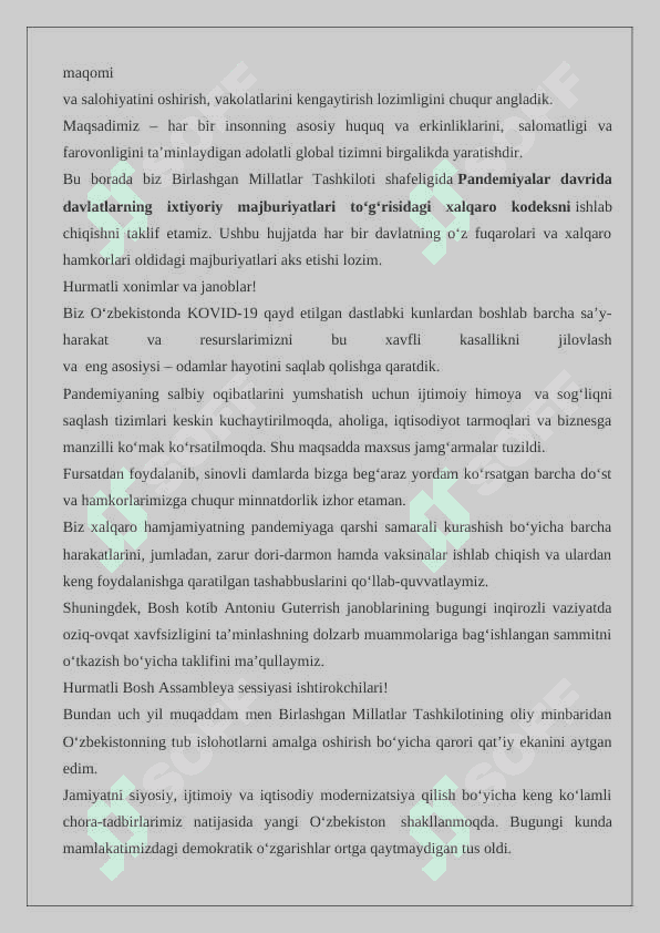 O‘zbekiston Respublikasi Prezidenti SH.M.Mirziyoyevning Birlashgan Millatlar Tashkiloti Bosh Assambleyasining 75-sessiyasidagi ishtiroki va uning ahamiyati  24 3