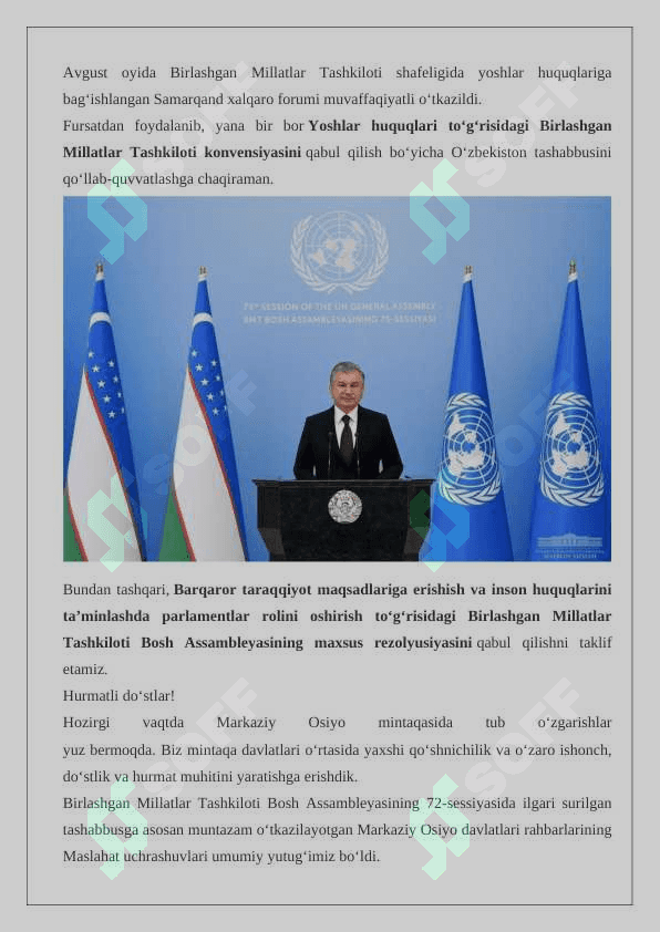 O‘zbekiston Respublikasi Prezidenti SH.M.Mirziyoyevning Birlashgan Millatlar Tashkiloti Bosh Assambleyasining 75-sessiyasidagi ishtiroki va uning ahamiyati  24 5