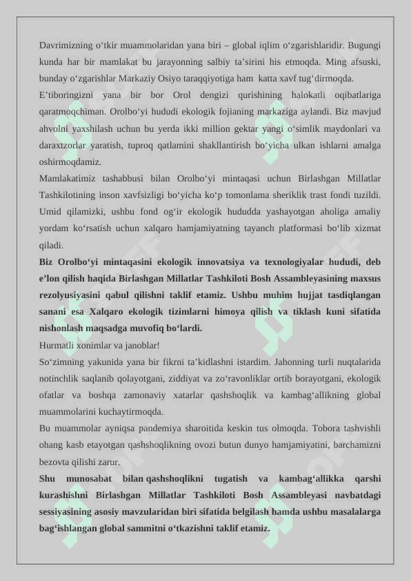 O‘zbekiston Respublikasi Prezidenti SH.M.Mirziyoyevning Birlashgan Millatlar Tashkiloti Bosh Assambleyasining 75-sessiyasidagi ishtiroki va uning ahamiyati  24 8