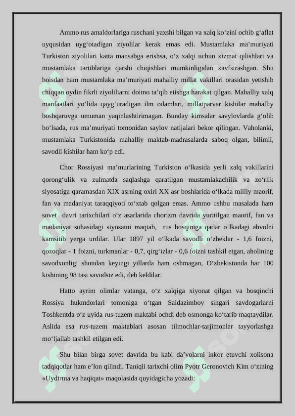 Chor Rossiyasi mustamlakachiligi sharoitida Turkiston o‘lkasida ijtimoiy-iqtisodiy va madaniy 4