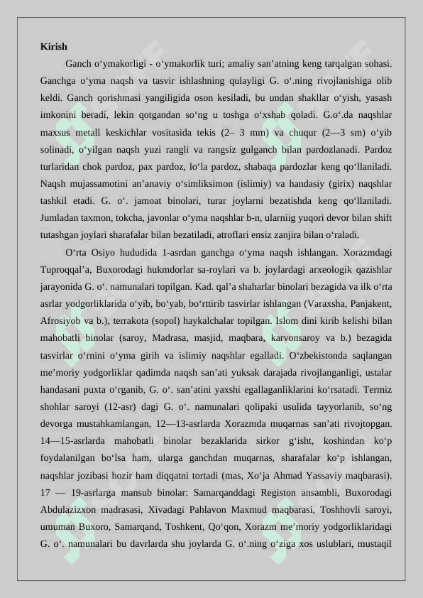 Mustaqillik yillarida ganch o‘ymakorligi san’ati. 2