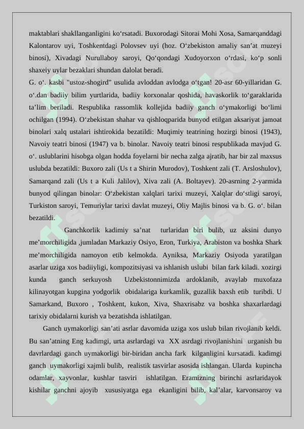 Mustaqillik yillarida ganch o‘ymakorligi san’ati. 3