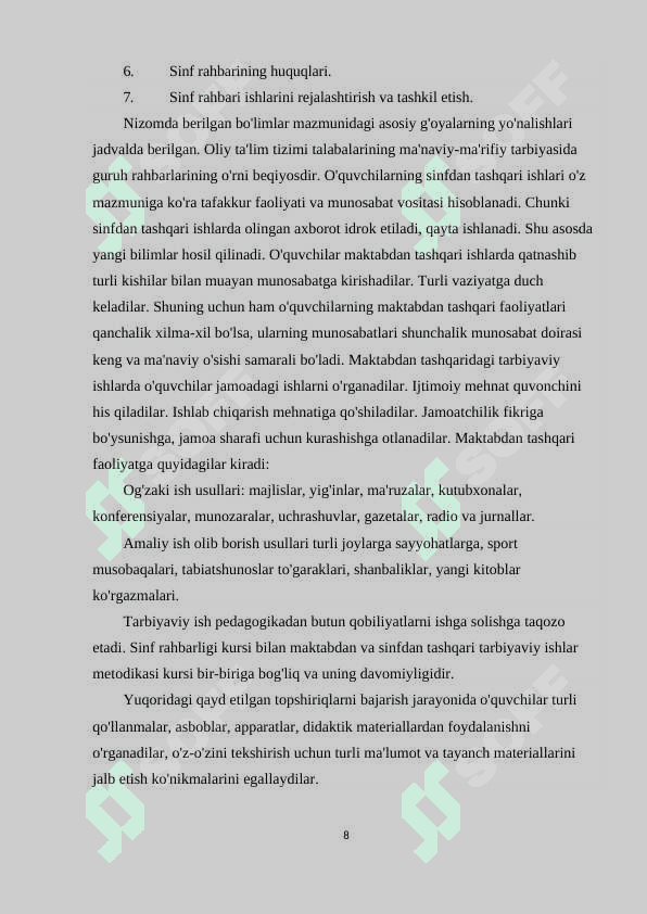 Sinf rahbari ishini rejalashtirishning o’ziga xos usullari 7