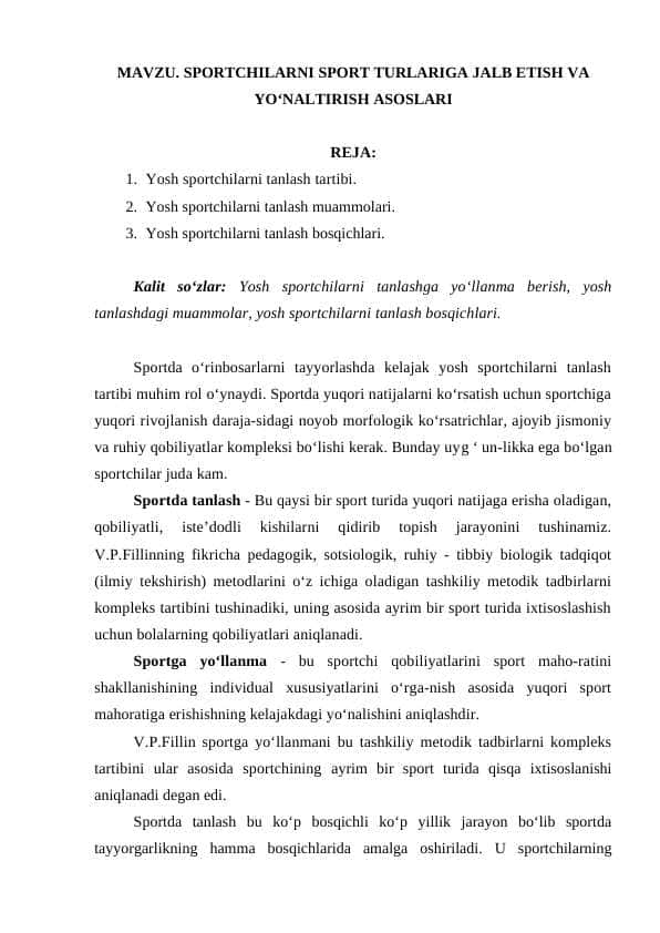 SPORTCHILARNI SPORT TURLARIGA JALB ETISH VA YOʻNALTIRISH ASOSLARI