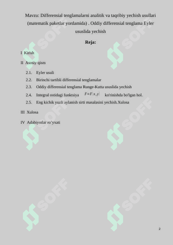 Differensial tenglamalarni analitik va taqribiy yechish usullari (matematik paketlar yordamida) . Oddiy differensial tenglama Eyler ususlida yechishDifferensial tenglamalarni analitik va taqribiy yechish usullari (matematik paketlaamida) . Oddiy dir yordfferensial tenglama Eyler ususlida yechish 2