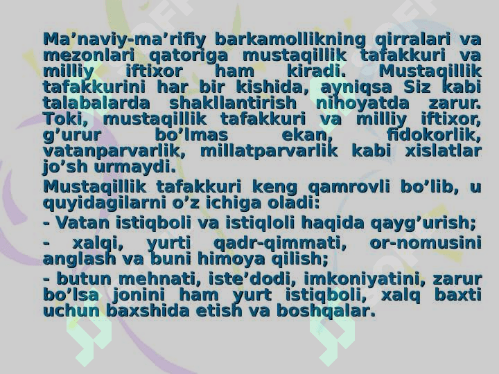 Inson zotini ulug’lash – ma’naviy yetuklik mezoni 8