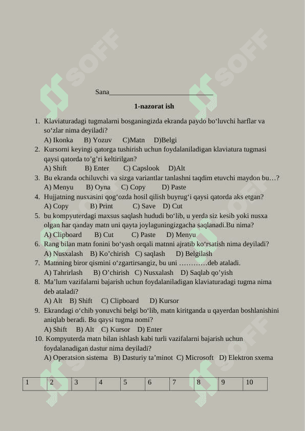 5-sinf Informatika Nazorat ishi savollari 3