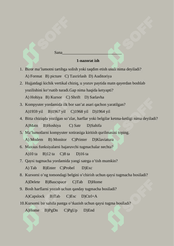 6-sinf Informatika Nazorat ishi savollari 3