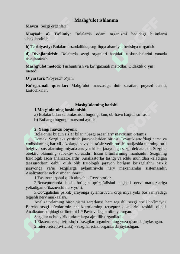 "Sezgi organlari" mavzusida Mashg'ulot ishlanma 2