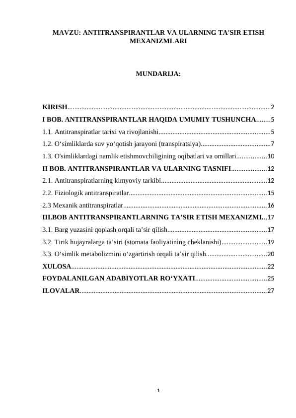 ANTITRANSPIRANTLAR VA ULARNING TA'SIR ETISH MEXANIZMLARI