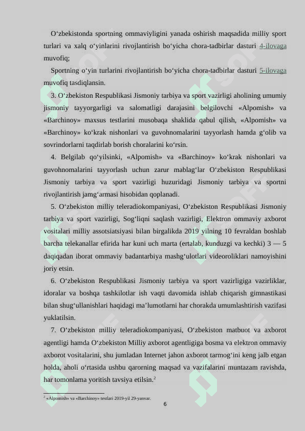 AHOLINING JISMONIY TAYYORGARLIGI VA SALOMATLIGI DARAJASINI BELGILOVCHI «ALPOMISH» VA «BARCHINOY» MAXSUS TESTLARI 6
