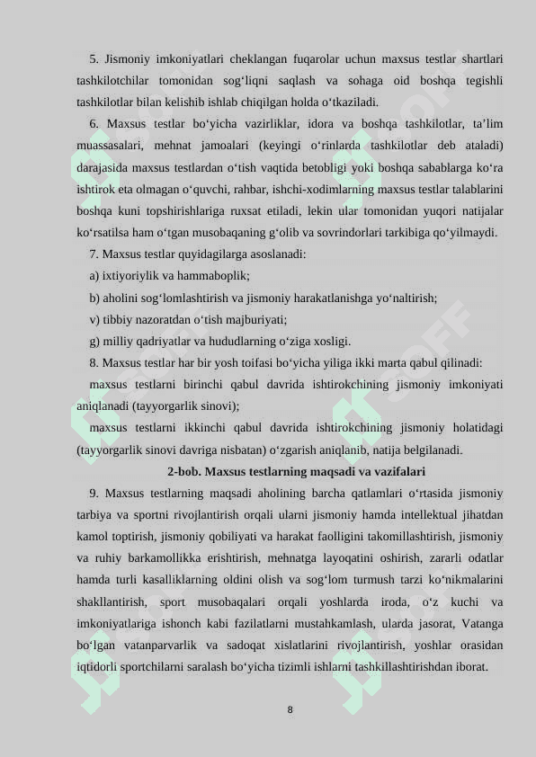 AHOLINING JISMONIY TAYYORGARLIGI VA SALOMATLIGI DARAJASINI BELGILOVCHI «ALPOMISH» VA «BARCHINOY» MAXSUS TESTLARI 8