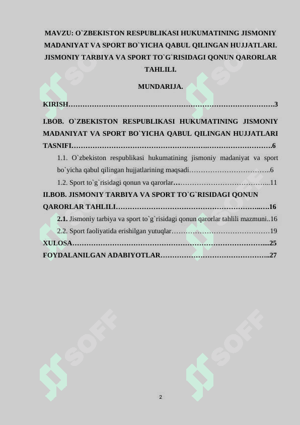 O`ZBEKISTON RESPUBLIKASI HUKUMATINING JISMONIY MADANIYAT VA SPORT BO`YICHA QABUL QILINGAN HUJJATLARI. JISMONIY TARBIYA VA SPORT TO`G`RISIDAGI QONUN QARORLAR TAHLILI. 2