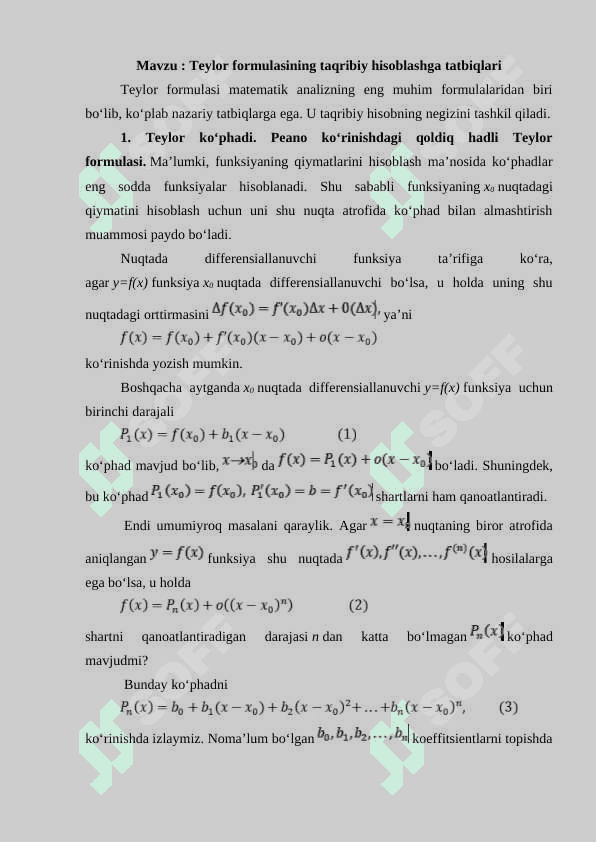 Teylor formulasining taqribiy 
hisoblashga tatbiqlari 2