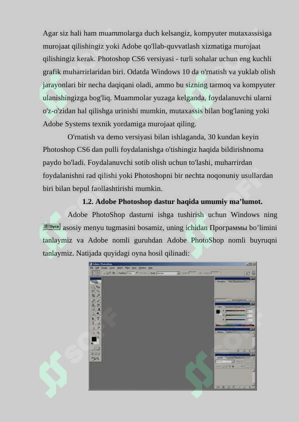 ADOBE PHOTOSHOP DASTURINI KOMPYUTERGA O’RNATISH VA DASTUR USKUNALAR PANELI HAQDA  MA’LUMOT 7