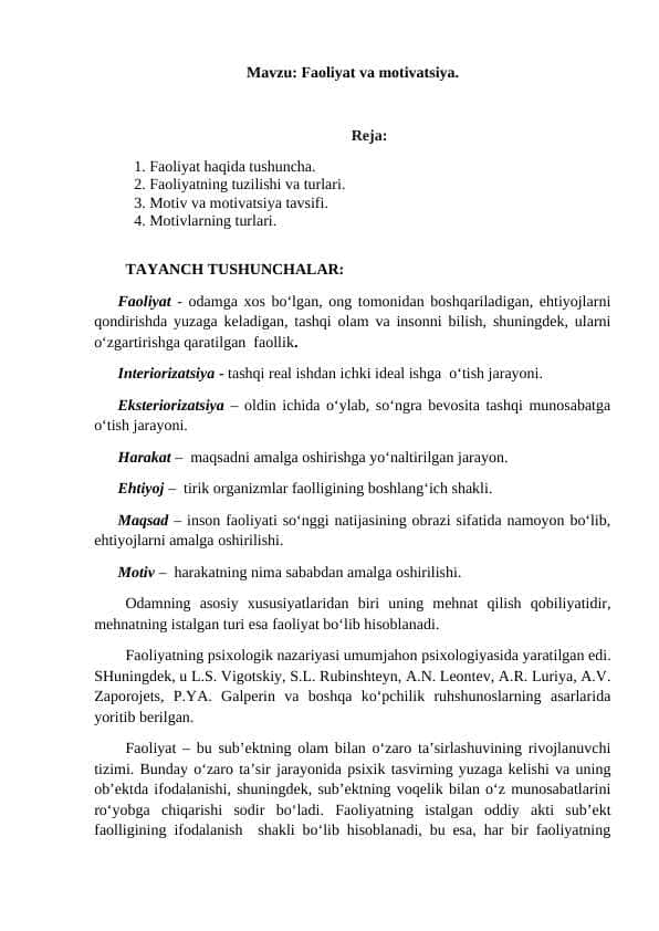 Faoliyat va motivatsiya