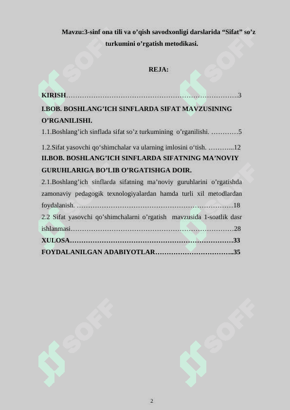 3-sinf ona tili va o’qish savodxonligi darslarida “Sifat” so’z turkumini o’rgatish metodikasi. 2