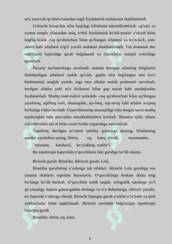 3-sinf ona tili va o’qish savodxonligi darslarida “Sifat” so’z turkumini o’rgatish metodikasi. 8