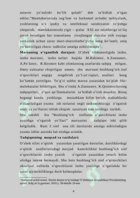 Boshlang‘ich sinf ona tili darslarida o‘quvchilar bilim, ko‘nikma va malakalarini nazorat qilishda yozma ishlardan foydalanish metodikasi. 4