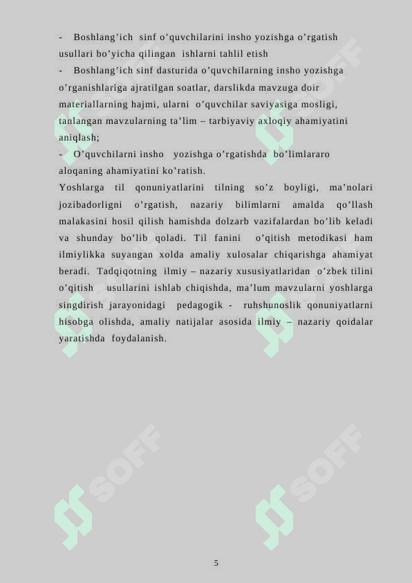 Boshlang‘ich sinf ona tili darslarida o‘quvchilar bilim, ko‘nikma va malakalarini nazorat qilishda yozma ishlardan foydalanish metodikasi. 5