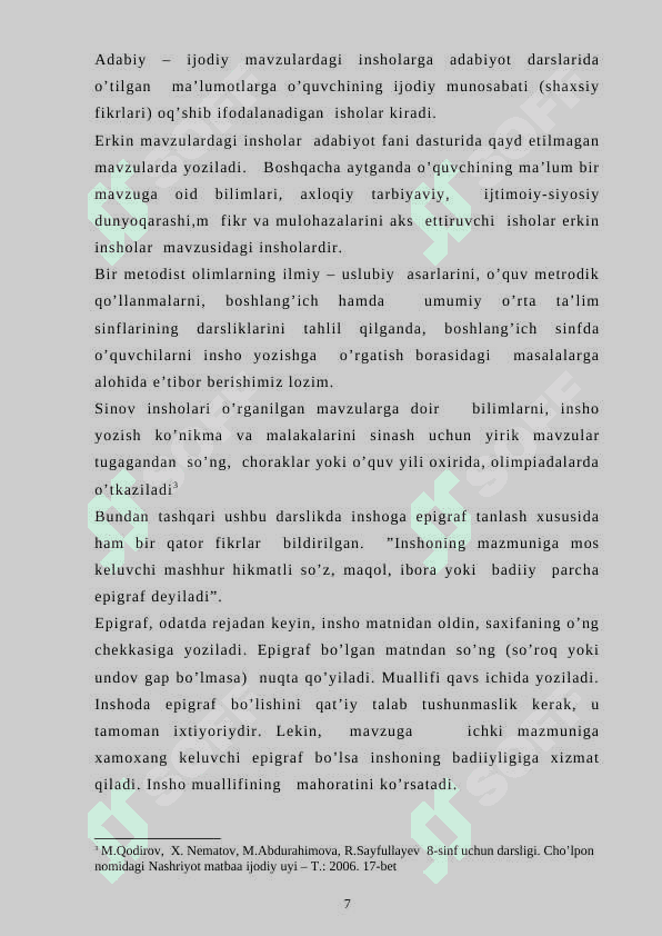 Boshlang‘ich sinf ona tili darslarida o‘quvchilar bilim, ko‘nikma va malakalarini nazorat qilishda yozma ishlardan foydalanish metodikasi. 7