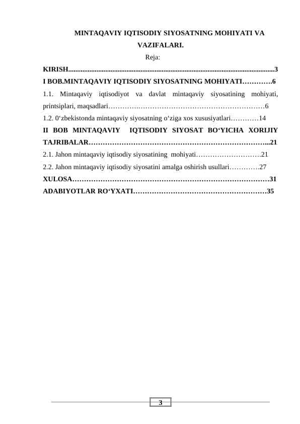 MINTAQAVIY IQTISODIY SIYOSATNING MOHIYATI VA VAZIFALARI.