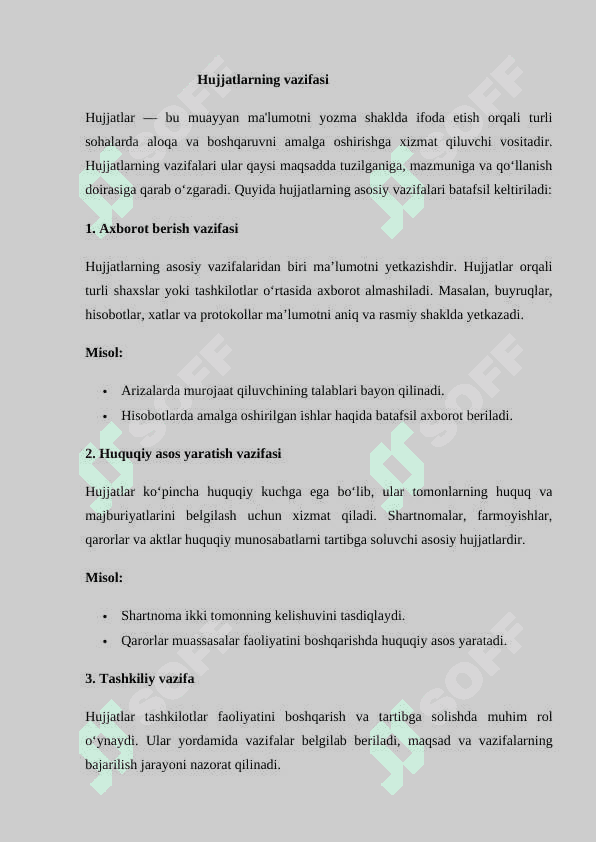 Hujjatlarning vazifasi. Hujjatlarda so’z turkumlarining qo’llanishi 2