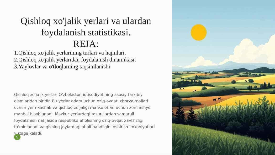 Qishloq xo'jalik yerlari va ulardan foydalanish statistikasi.