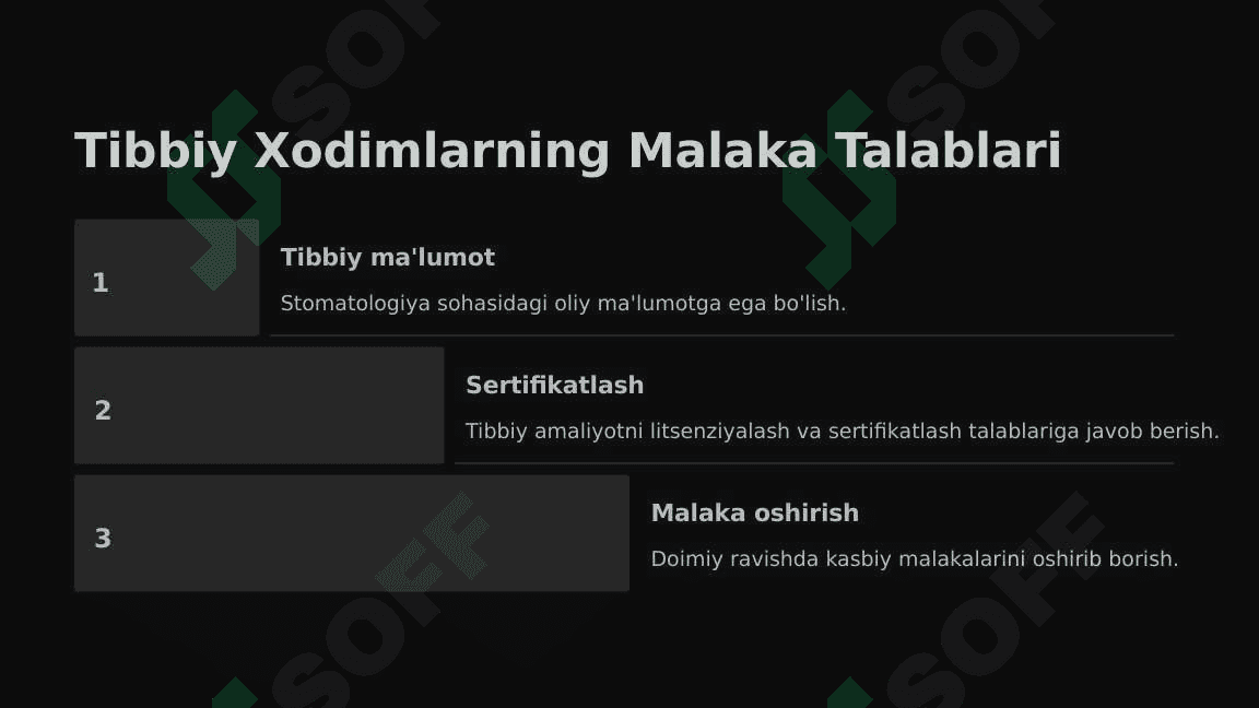 Stomatologiya klinikasi, uning turlari, kategoriyalari. Tibbiy xodimlarning kadrlar bilan ta'minlash standartlari va funksional majburiyatlari. Tish klinikasining hujjatlari 6