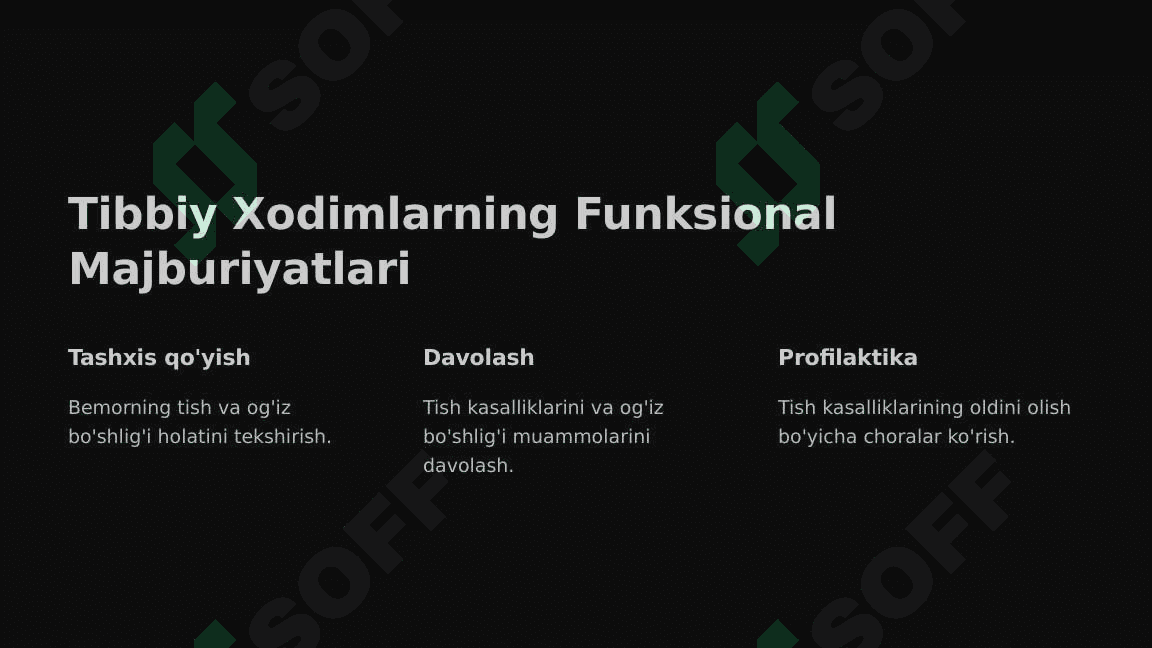 Stomatologiya klinikasi, uning turlari, kategoriyalari. Tibbiy xodimlarning kadrlar bilan ta'minlash standartlari va funksional majburiyatlari. Tish klinikasining hujjatlari 8