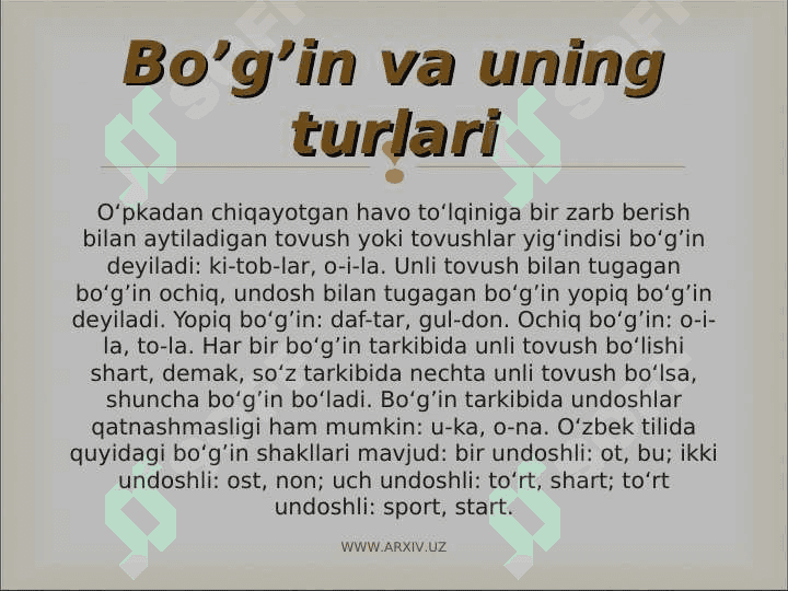 O'ZBEK TILIDA  URG'U VA BO'G'IN 2