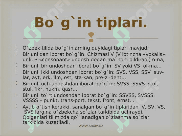 O'ZBEK TILIDA  URG'U VA BO'G'IN 3