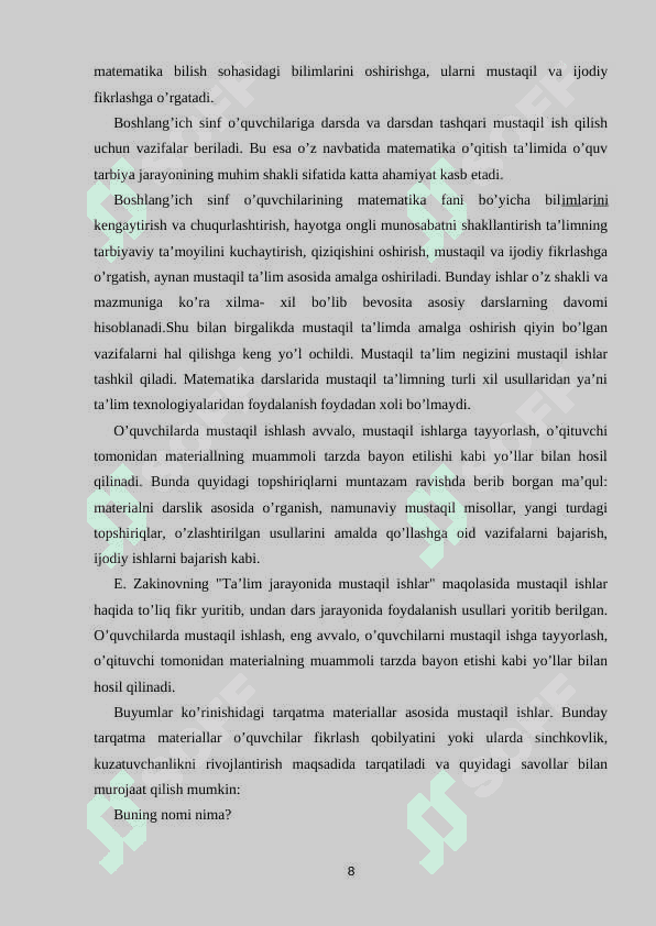 4-sinfda mustaqil ishlarni tashkil etish metodlari 8