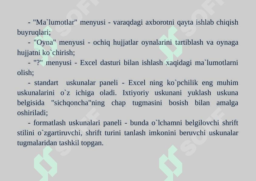 Microsoft Excel imkoniyatlari tavsifi. 7