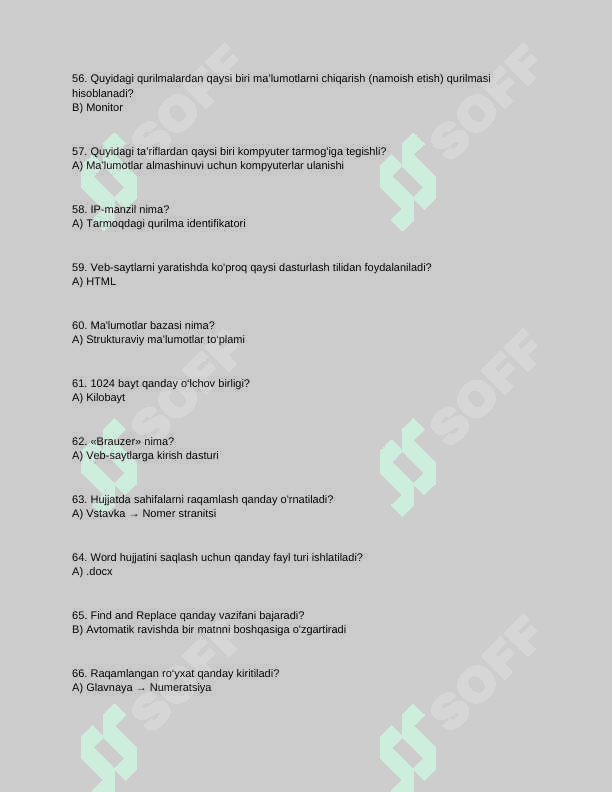Axborot fanidan savollar va javoblar 6