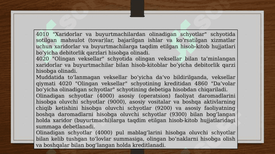 OLINADIGAN SCHYOTLAR, DEBITOR QARZLAR HISOBI 4