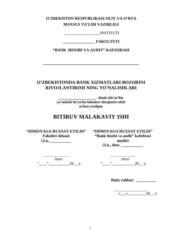 O’ZBEKISTONDA BANK XIZMATLARI BOZORINI RIVOJLANTIRISH NING YO’NALISHLARI
