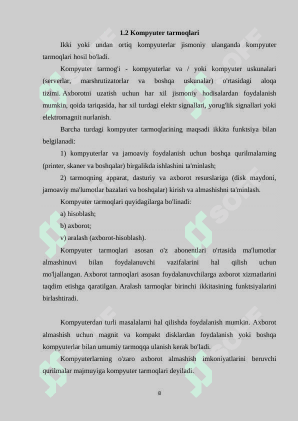 Kompyuter  tarmoqlarini qurishning asosiy prinsiplari va ularni amalda qollanilishi. 7