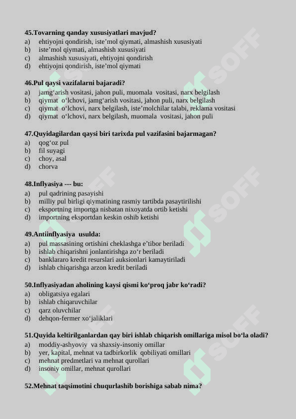 “IQTISODIYOT” FANIDAN   TEST SAVOLLARI 8
