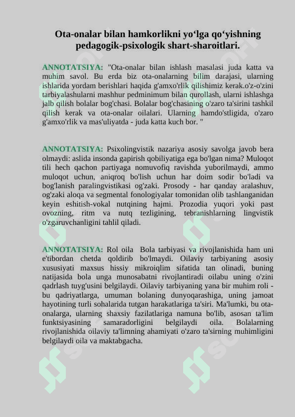 OTA-ONALAR BILAN HAMKORLIKNI YO‘LGA QO‘YISHNING PEDAGOGIK-PSIXOLOGIK SHART-SHAROITLARI 2