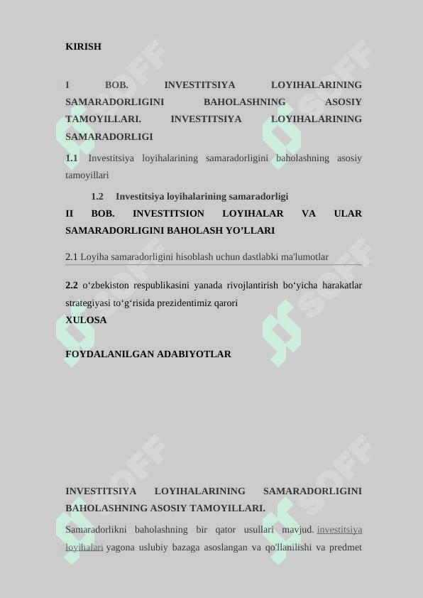 Investitsion loyihalar va ular samaradorligini baholash yo’llari 2