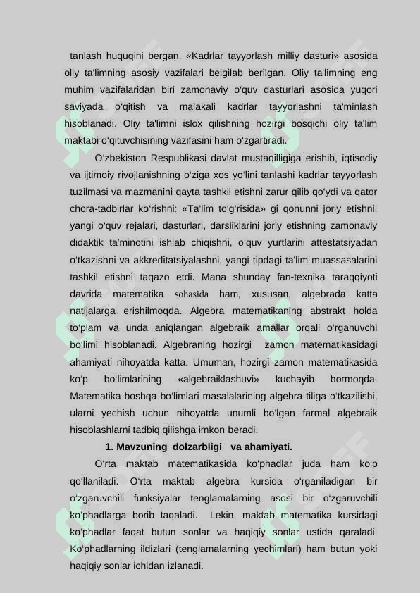 Algebraning asosiy teoremasi.Haqiqiy sonlar maydoni ustida keltirilmaydigan ko’phadlar 4