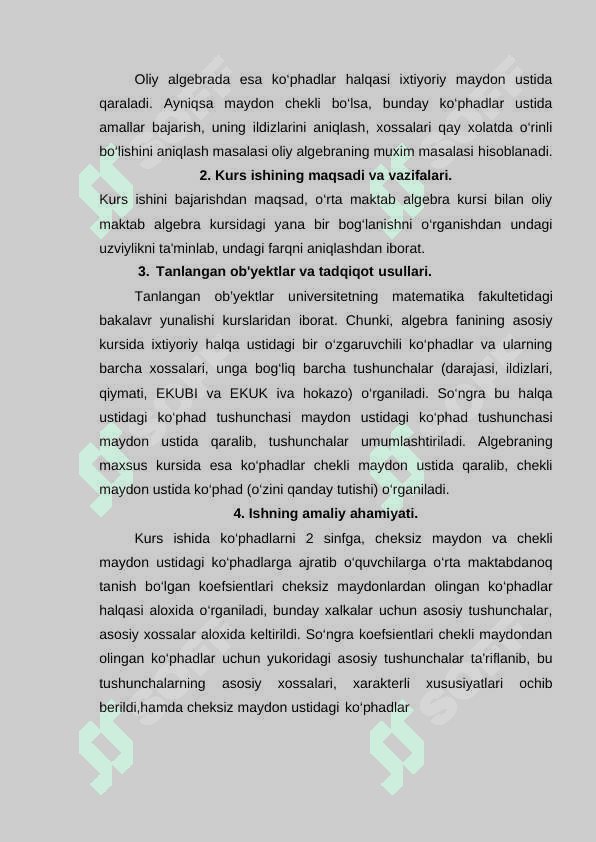 Algebraning asosiy teoremasi.Haqiqiy sonlar maydoni ustida keltirilmaydigan ko’phadlar 5