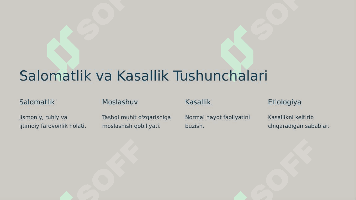 Salomatlik, moslashuv, kasallik (nozologiya), etiologiya, patogenez,sindrom, simptom, semiotika (semiologiva) tushunchasi. Diagnostika jarayonining qoidalari (algoritmi). Tekshirishning asosiy va qo'shimcha usullari. Tish kasalliging tibbiy kartasi. Tish bemorining tibbiy tarixi va ambulatoriya kartasini to‘ldirish qoidalari. 3