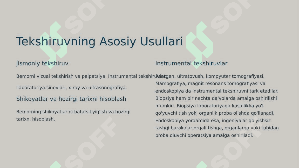 Salomatlik, moslashuv, kasallik (nozologiya), etiologiya, patogenez,sindrom, simptom, semiotika (semiologiva) tushunchasi. Diagnostika jarayonining qoidalari (algoritmi). Tekshirishning asosiy va qo'shimcha usullari. Tish kasalliging tibbiy kartasi. Tish bemorining tibbiy tarixi va ambulatoriya kartasini to‘ldirish qoidalari. 7