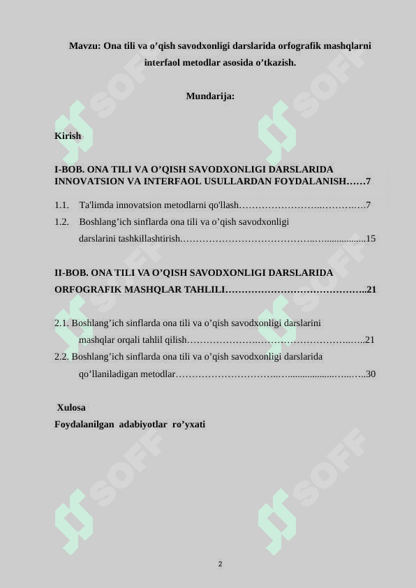 Ona tili va o’qish savodxonligi darslarida orfografik mashqlarni interfaol metodlar asosida o’tkazish - KURS ISHI 2