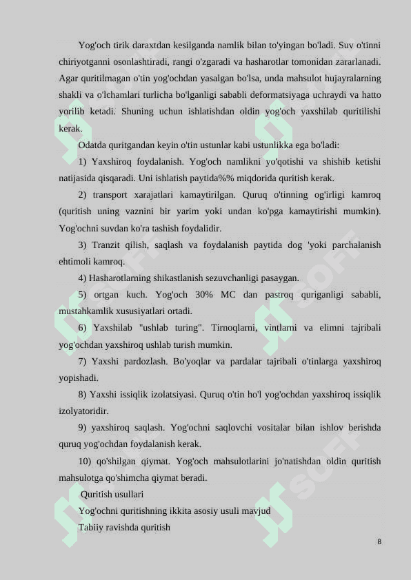 Ochiq joyda quritishni tashkil etish va amalga oshirish, ochiq joyda quritish usullarining afzalligi va kamchiliklarini o’rganish 8